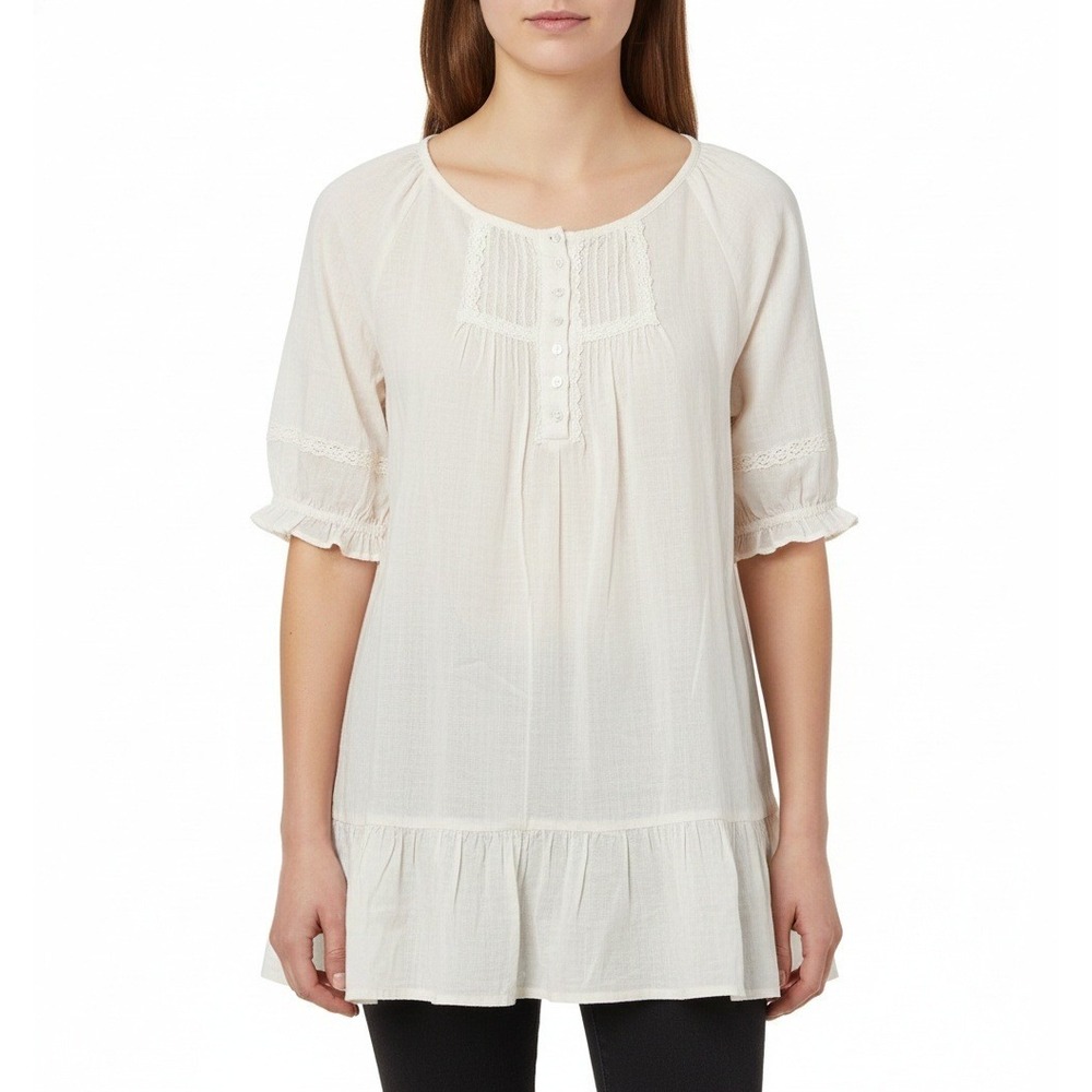 Sundance Shirt Womens Medium Ivory Pintuck Henley Ruffle Hem Boho Cotton Peasant